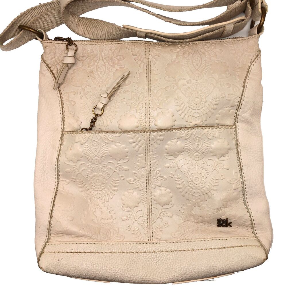 THE SAK Pebbled & Embossed Leather Crossbody Bag Beige Ecru 11x10 in READ